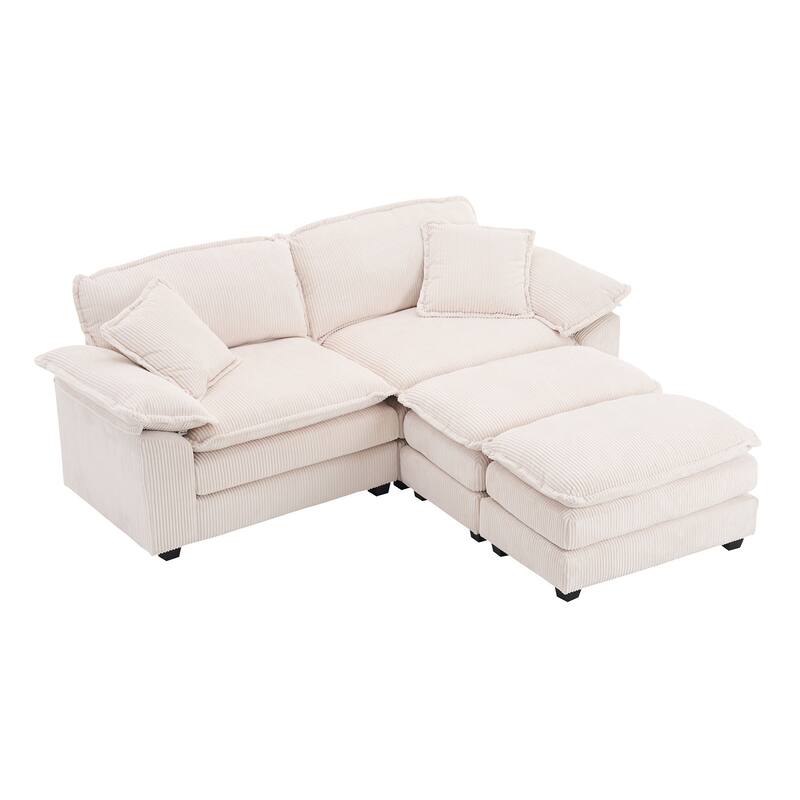 84.6" Corduroy 2-seats sofa With 2 back pillows,2 toss pillows and two ottoman