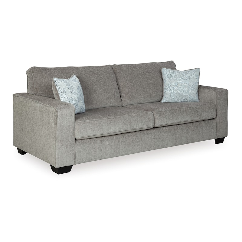 Alti 85 Inch Sofa with 2 Floral Print Throw Pillows, Light Gray Chenille