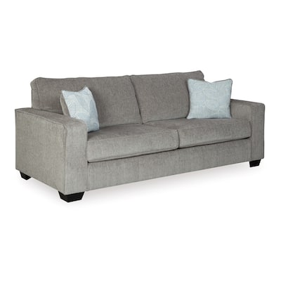 Alti 85 Inch Sofa with 2 Floral Print Throw Pillows, Light Gray Chenille