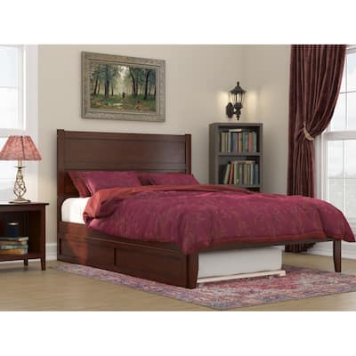 Twin XL Bed with Trundle - Solid Wood Platform Bed, USB Charging, Walnut Finish, 1000 lb Capacity