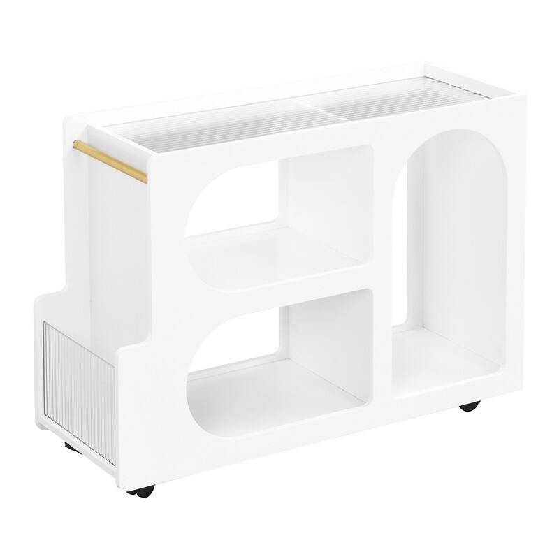Mobile End Table with Thick Fluted Tempered Glass, Narrow Side Table with Lockable Wheels and Open Storage Compartments