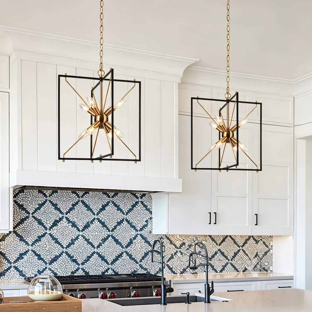 Modern 8-Light Black Gold Sputnik Chandelier Metal Geometric Pendant Lights for Dining Room - 16" L x 15" W x 18" H