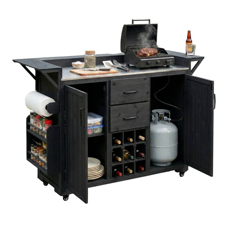 Roomfitters Outdoor Grill Cart and Kitchen Island, Stainless Steel Top, Portable Potting Bench with Storage, Wheels