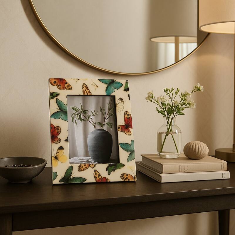 Wood Resin Butterflies Photo Frame Decor - Ivory - 10.0"