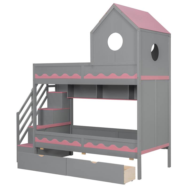 Twin Over Twin Bunk Bed with Stairs, LED Lights, Storage Drawers, House Shaped Wood Loft Bed with Guardrail