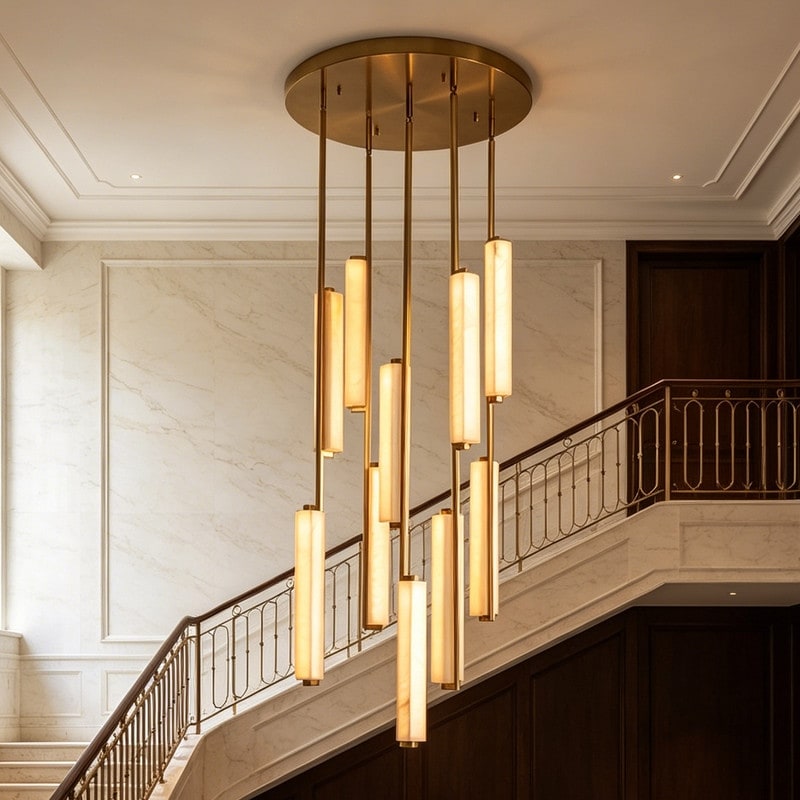 23.6 in. Modern LED Alabaster Staircase Chandelier 10-Light Spanish Alabaster Foyer Pendant Light with Brushed Copper Finish
