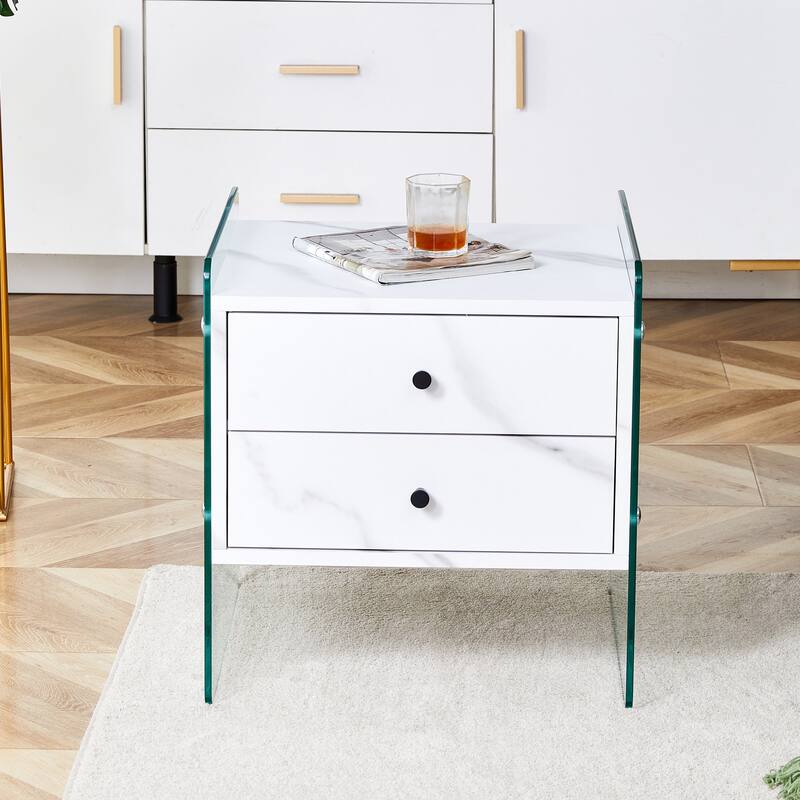 17.7" Modern Square Coffee Table with 2 Drawers and Tempered Glass Legs for Living Room