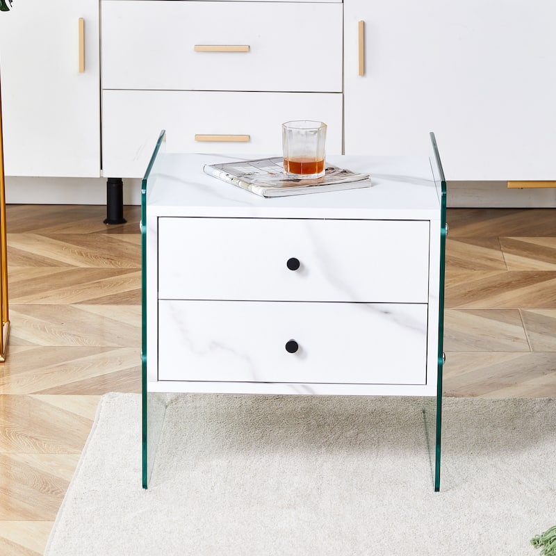 Double-Drawer Bedside Table with MDF Board and Tempered Glass, Simple Elegant Design, Multi-Functional Storage