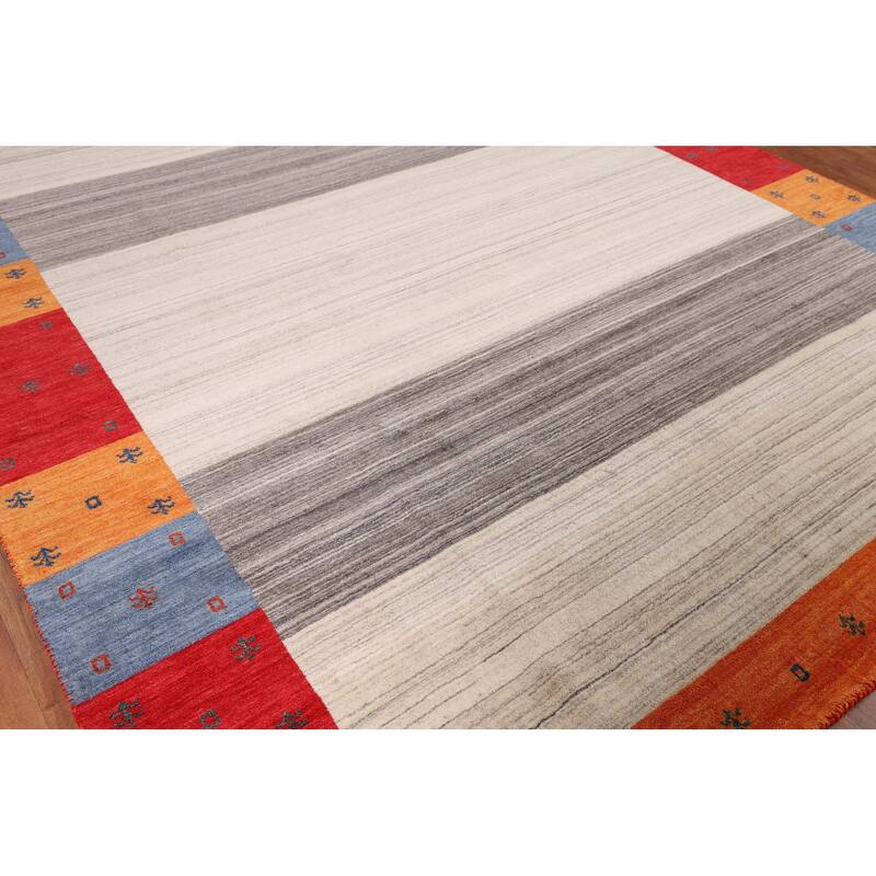 Modern Gabbeh Oriental Area Rug Hand-Knotted Beige Wool Carpet - 8'5" x 9'9"