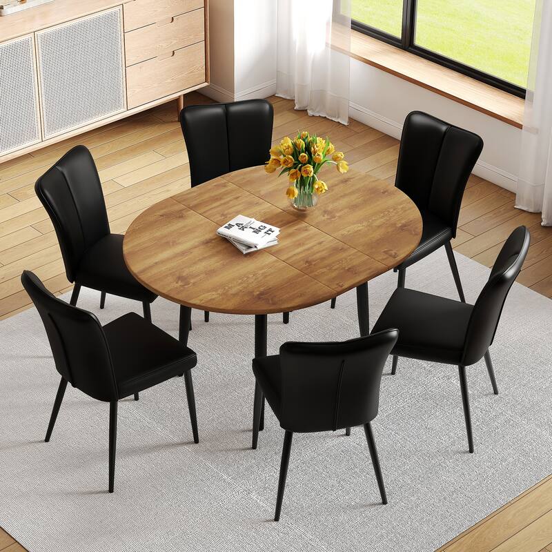 7-Piece Round Dining Set with Extendable Dining Table, Wood Kitchen Table Set with 6 PU Chairs for Dining Room