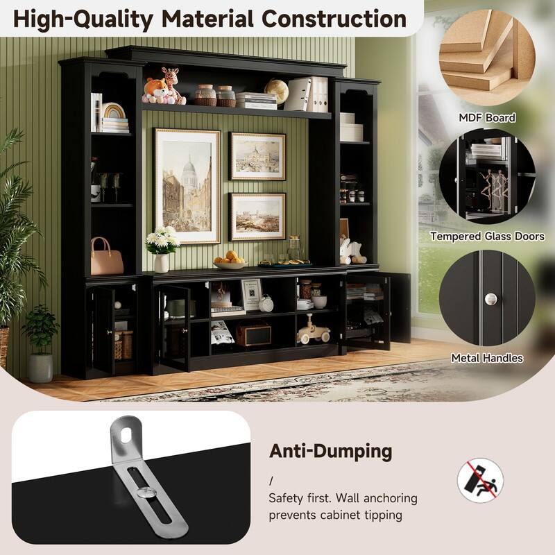 Modern Entertainment Center Wall Unit for TVs up to 65",70.87" TV Console Unit with Bookshelves & Tempered Glass Doors