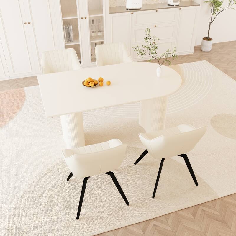5-Piece Kitchen Table Set for 4, Modern Round Dining Table Set with Carved Legs and PU Leather Chairs for Dining Room