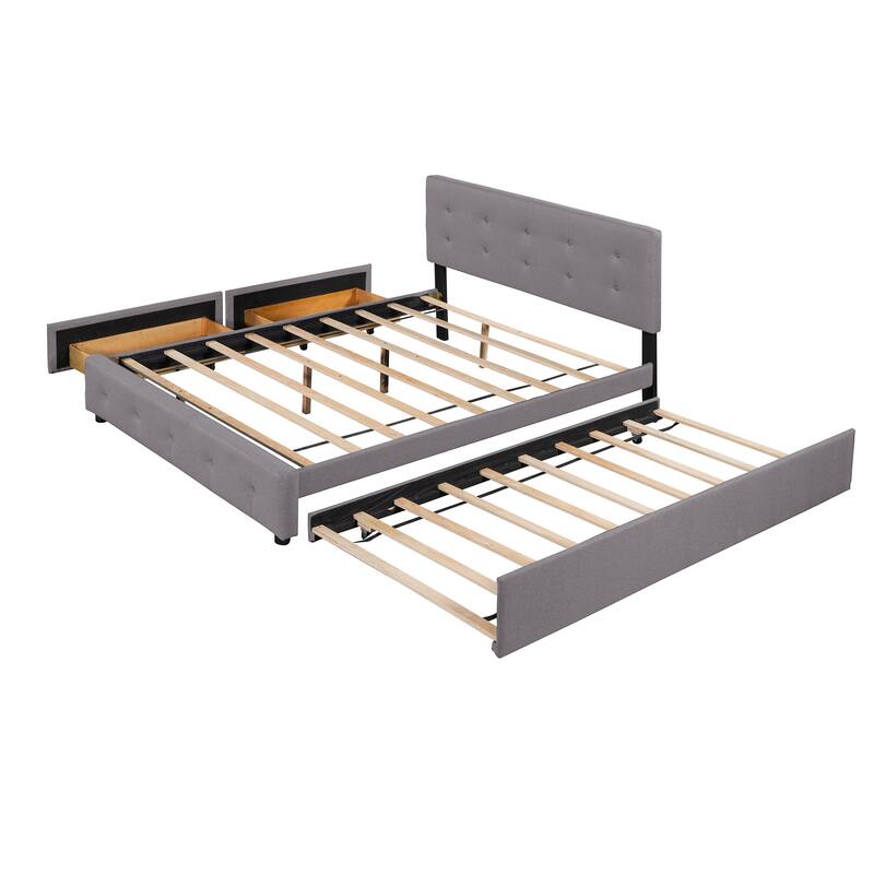 Queen Size Upholstered Platform Bed with 2 Drawers & Twin XL Trundle