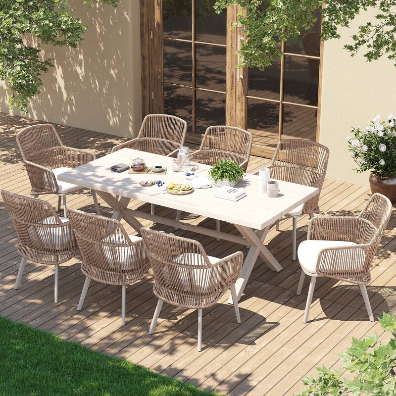 Outdoor Patio Dining Sets with PE Wicker Chairs and X-leg Aluminum Dining Table for 8 Persons