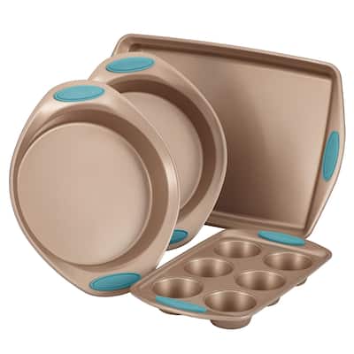 Bakeware Set Includes Nonstick Cake Cookie Baking Sheet and Muffin Cupcake Pan, 4 Piece, Latte Brown with Agave Blue Grips