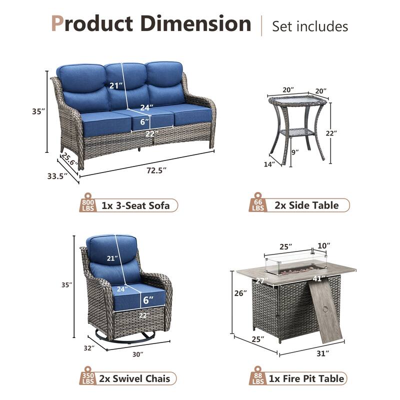Pocassy Outdoor 6 Inch Sofa Chair Ottoman with Fire Pit Table Set
