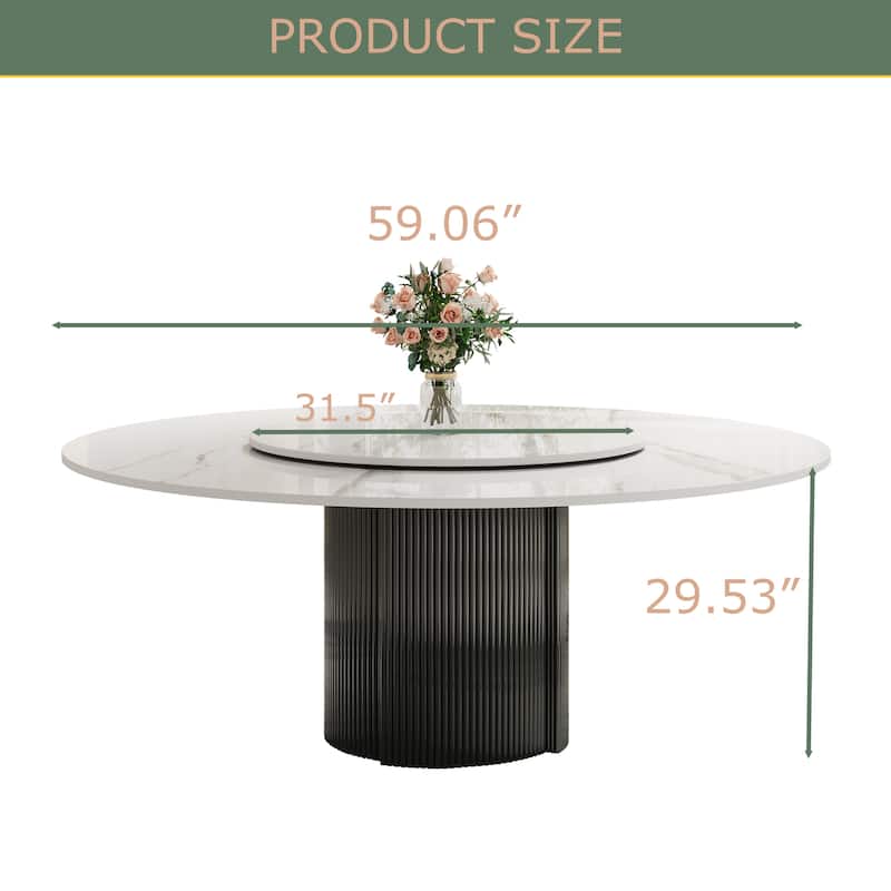 59" Modern Round Dining Table for 6-8, Glossy White Sintered stone Table top, Steel Grille column base