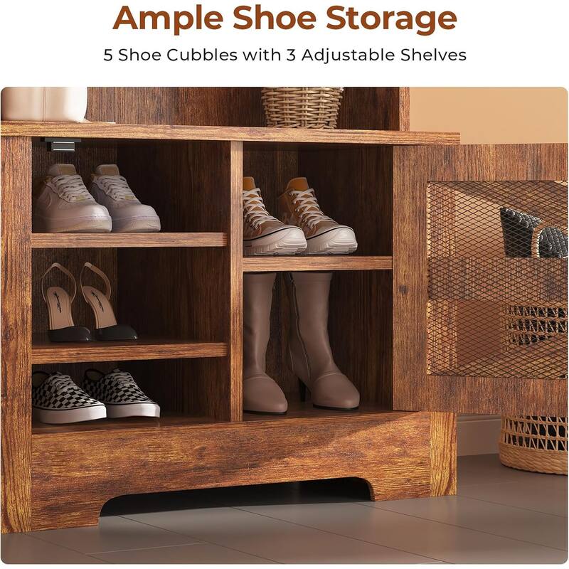 Hall Tree w/ Bench Shoe Storage Shoe Cubby Barn Door Adjustable Shelf