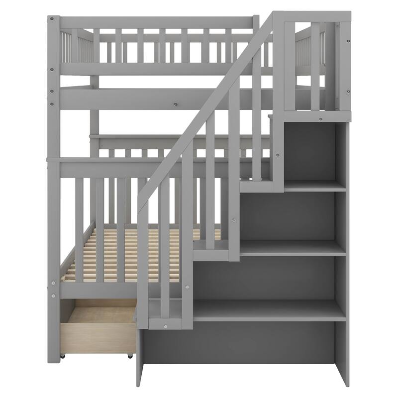 Full over Full Bunk Bed with Drawers and Storage, Gray