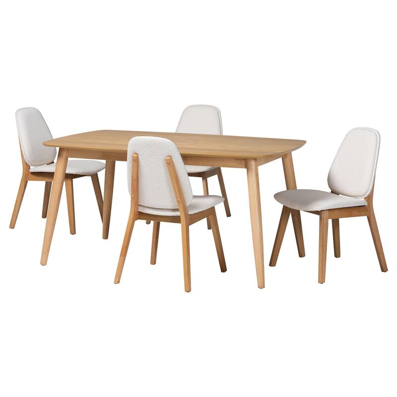 Jennica 5-Piece Dining Set - Solid Wood Table with Boucle Upholstered Chairs, Mid-Century Modern Dining Furniture - White, Natural Brown