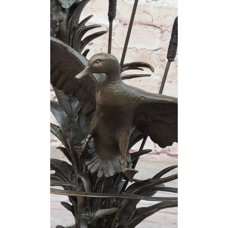 Flying Ducks In The Reeds Bronze Sculpture Statue Wildlife Decor On Marble Base