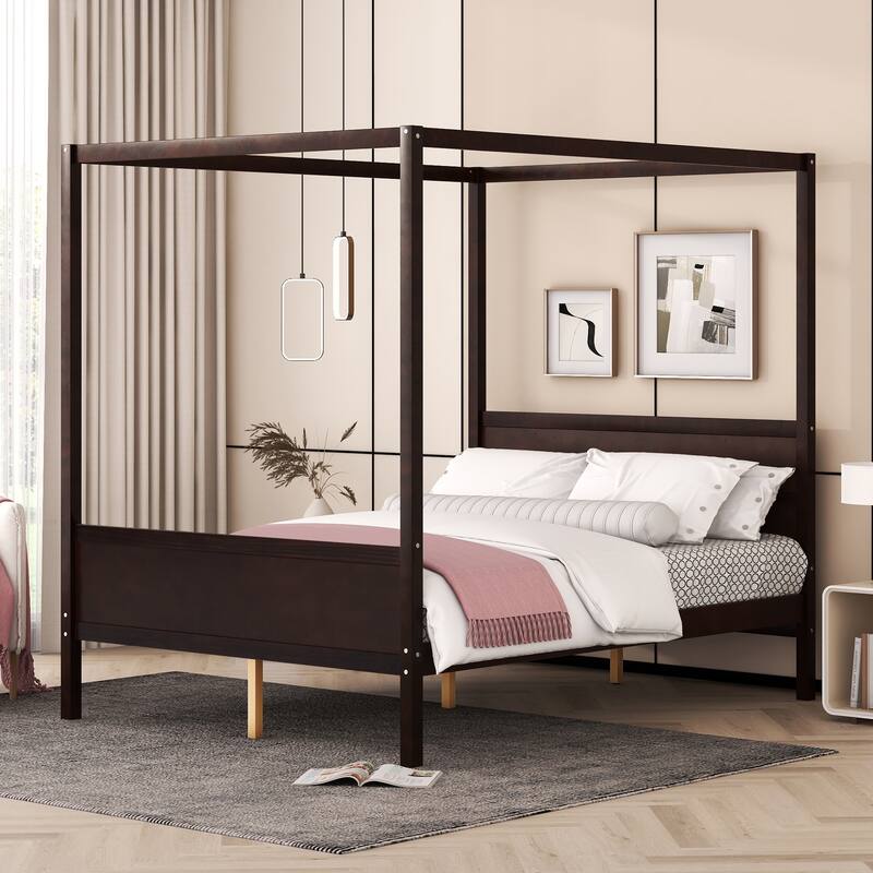 Queen Size Canopy Platform Bed with Headboard, Footboard, and Slat Support in Espresso - Espresso