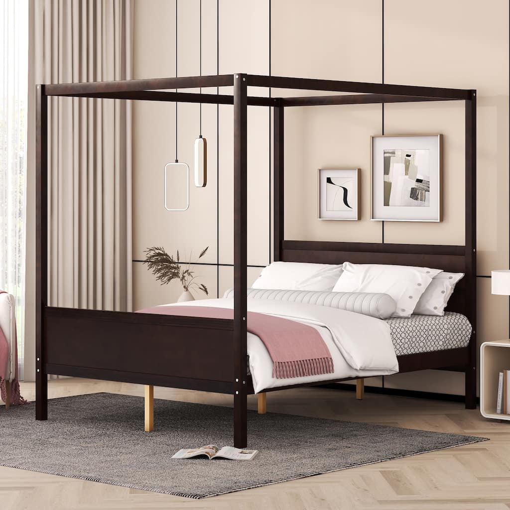 Queen Size Canopy Platform Bed with Headboard, Footboard, and Slat Support in Espresso