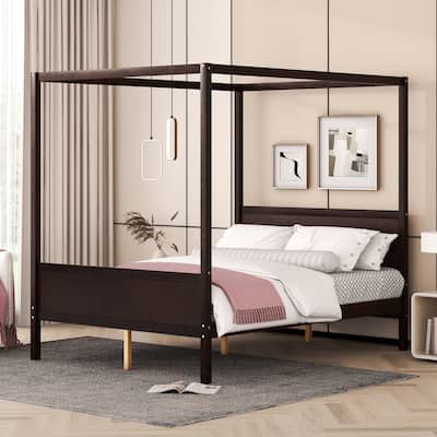 Queen Size Platform Canopy Bed, 4 Poster Solid Wood Bed Frame with Headboard, Footboard, Slat Support Leg and Underbed Storage