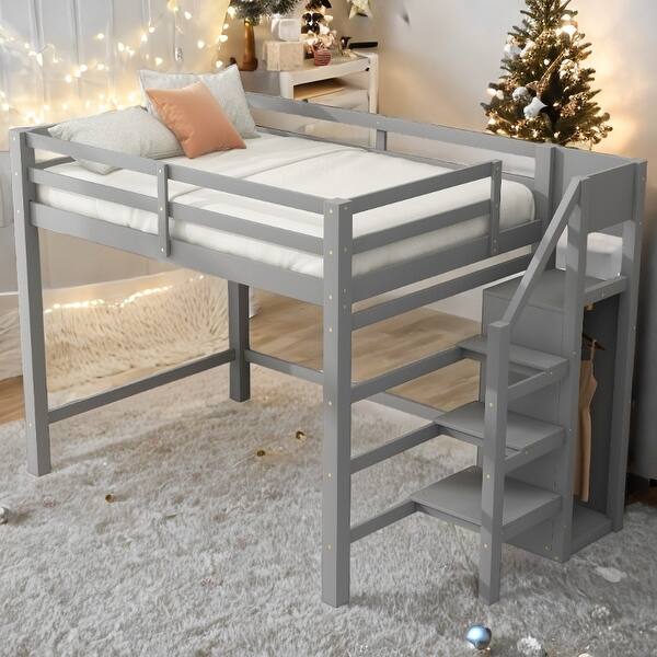 slide 2 of 15, Grey Full Size Loft Bed Kids Bed with Wardrobe and Staircase Grey