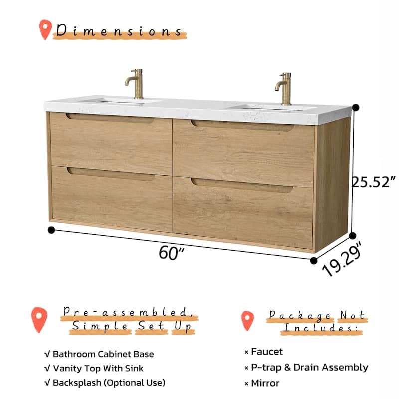 Prismis 60" 72" 84" Wall-Mount Premium Bathroom Vanity with Quartz Top