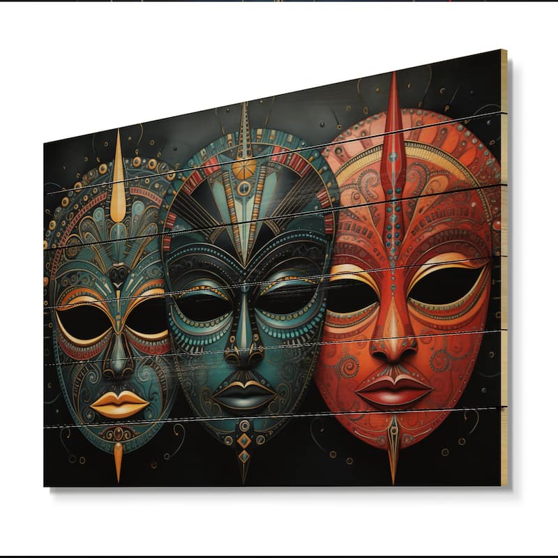 Designart "Red African Masks III" African Tribes Print on Natural Pine Wood