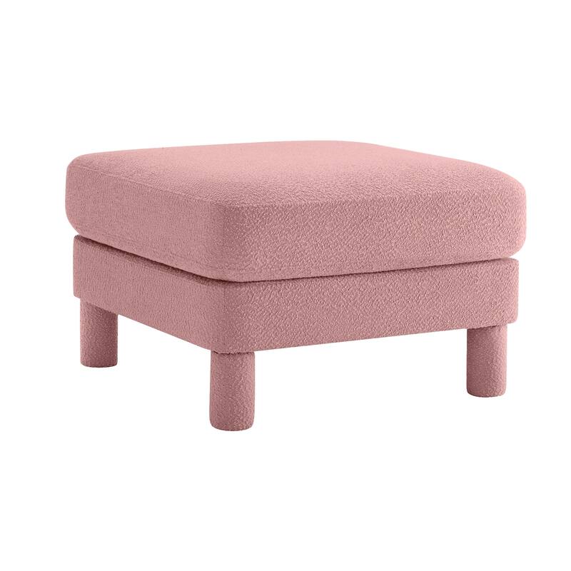 Boucle Fabric Ottoman with Wooden Legs Modern Living Room Accent