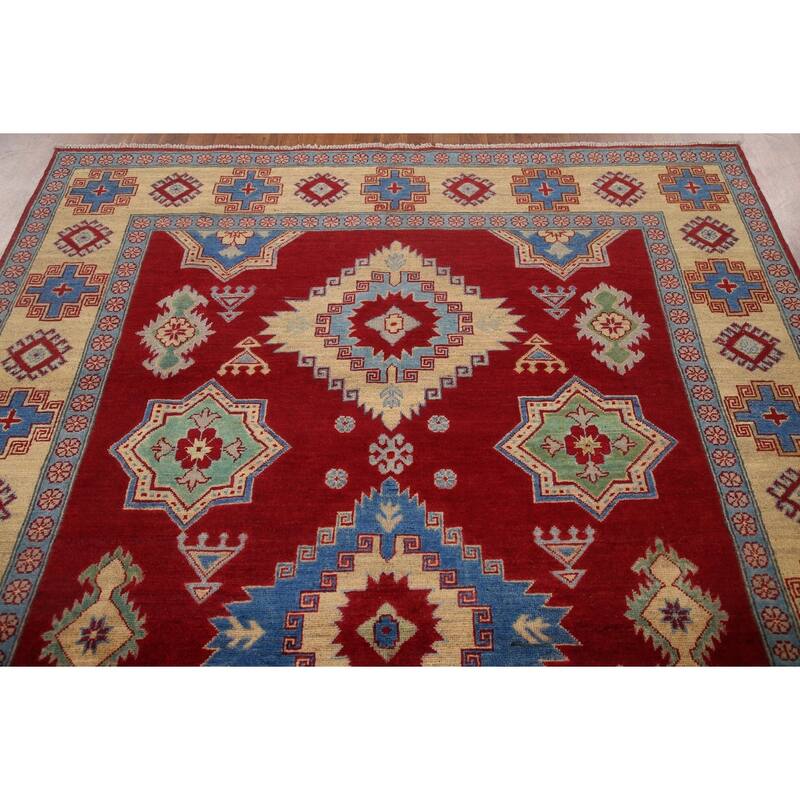 Hand Knotted Oriental 100% Wool Carpet Traditional Geometric Red Kazak Area Rug - 9' 8'' X 6' 7''