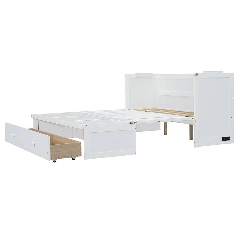 Queen Size 2-in-1 Murphy Bed Cabinet with Space Saving Design with Built in USB/Power Outlets, Large Storage Drawer