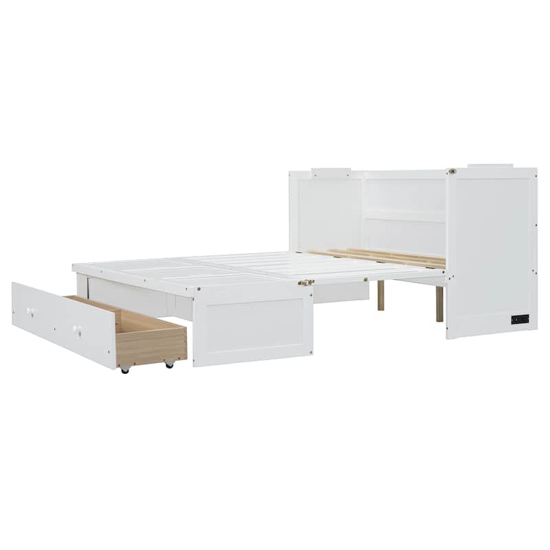 Queen Size Murphy Bed with USB Port, Large Drawer, and Space-Saving Design, White