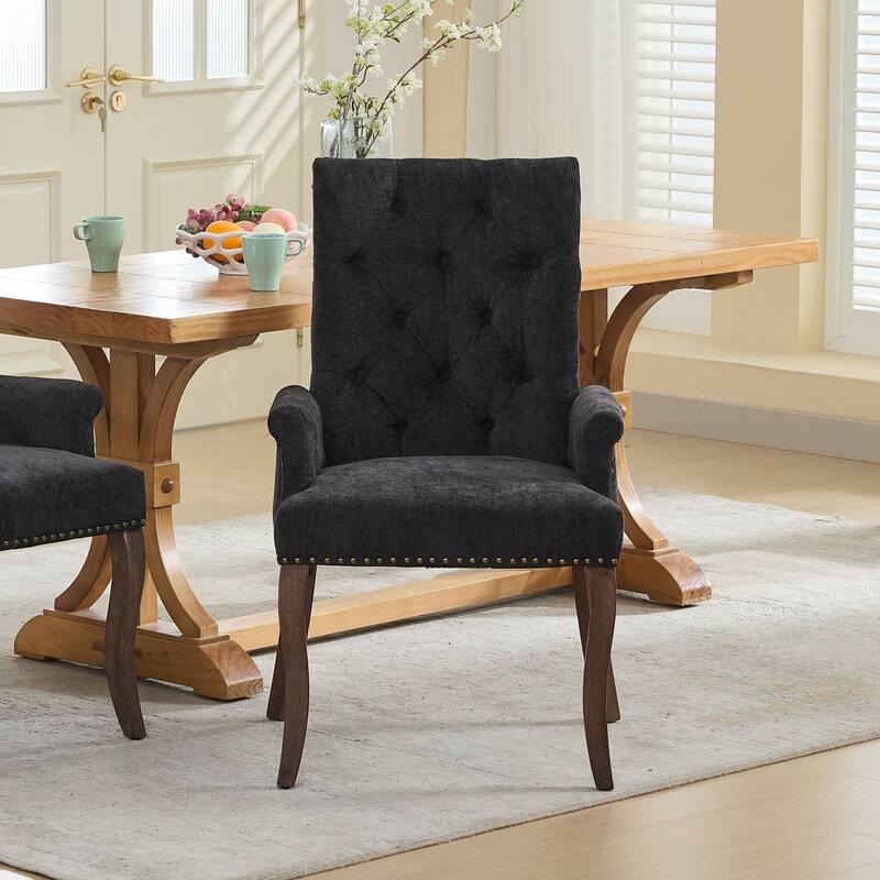 GDF Studio- Chenille Upholstered Dining Chair with Tufted Back & Curved Wood Legs, Single Pack