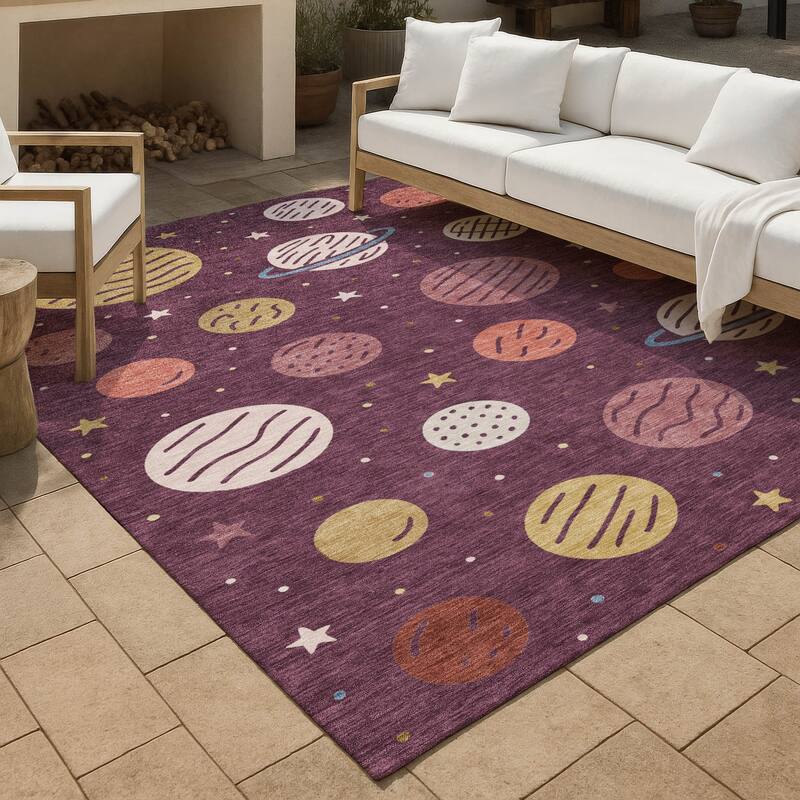 Machine Washable Indoor/ Outdoor Modern Planets Chantille Rug - Eggplant - 5' x 7'6"