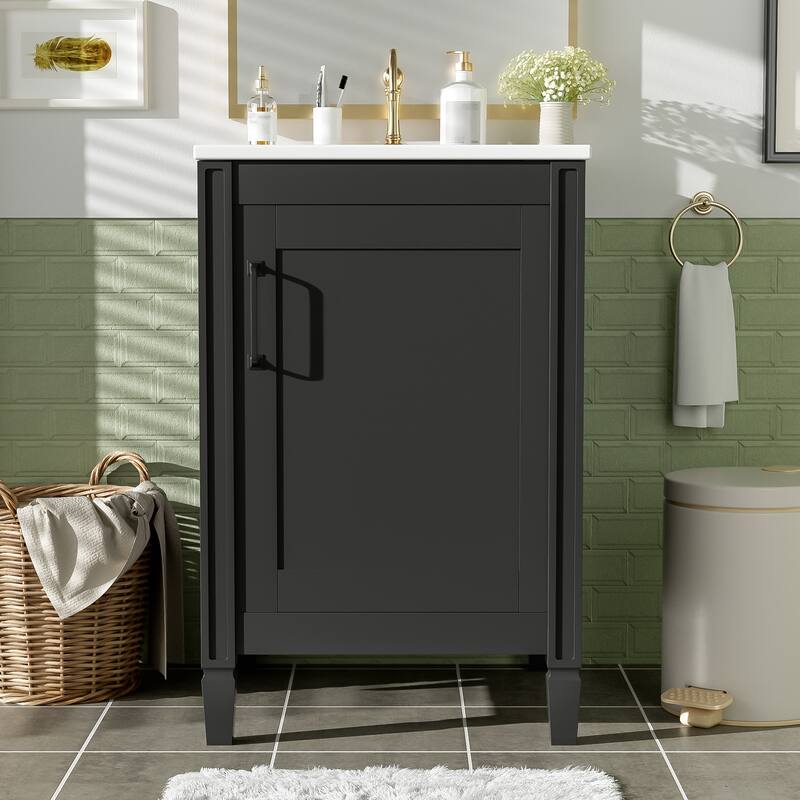 20" Modern Black Bathroom Vanity‌ – Ceramic Sink, Soft-Close Doors & Adjustable U-Shelf
