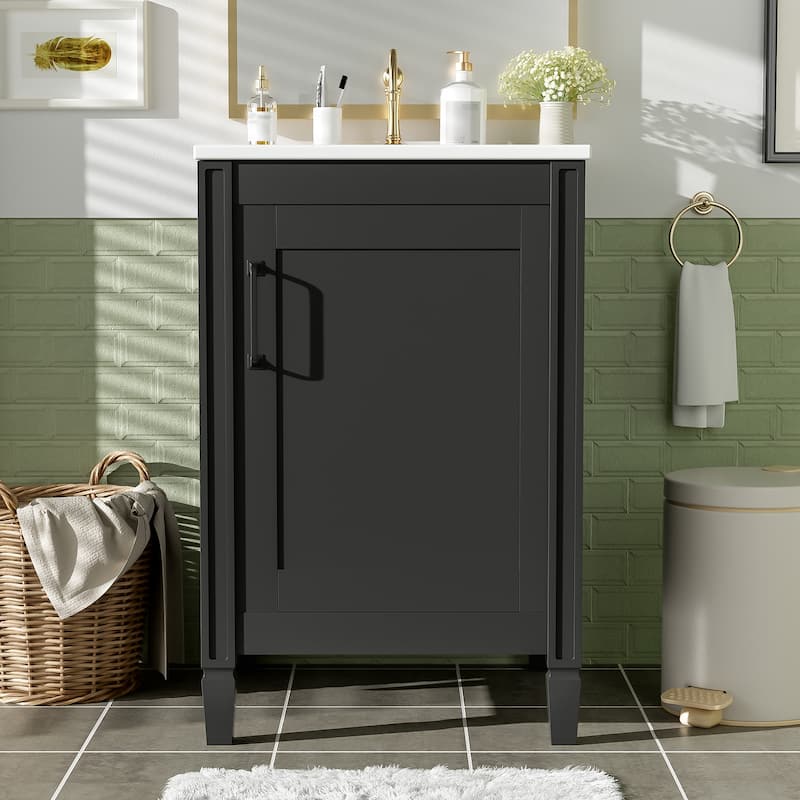 20"Bathroom Vanity with Ceramic Sink,Soft Close Door,Adjustable U-Shaped Shelf,Door Storage Rack,Modern Freestanding Cabinet - Black