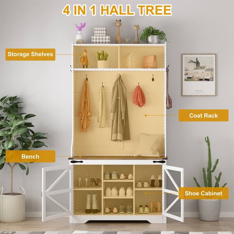 Farmhouse Hall Tree with Bench & Shoe Storage, Mudroom Storage Cabinet Coat Rack for Hallway