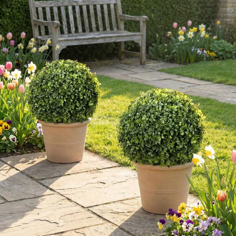 18" Boxwood Ball Halves, UV Rated Outdoor - Green