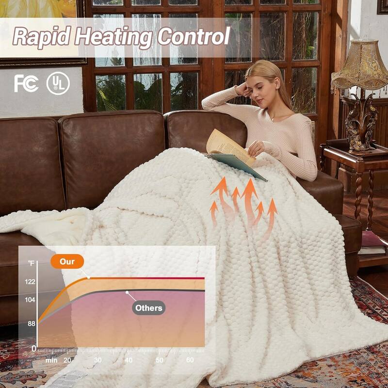 6 Heating Levels Cozy Soft Electric Heated Blanket Throw, Beige