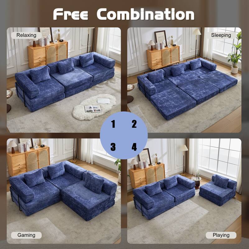 Chenille Fabric Compression Sofa, Boneless Modular Sectional Sofa, Convertible Floor Sofa Bed with Fixed-Shape Frame