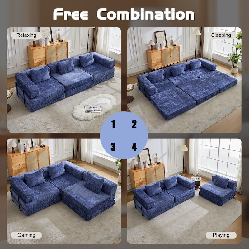 Free Combination Lazy Folding Sectional Sofa Chenille Modular Sleeper Sofa Bed Floor Standing Compression Mattress