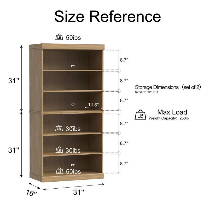 62" Solid Wood 6-Shelf Bookcase Storage with Adjustable Shelves