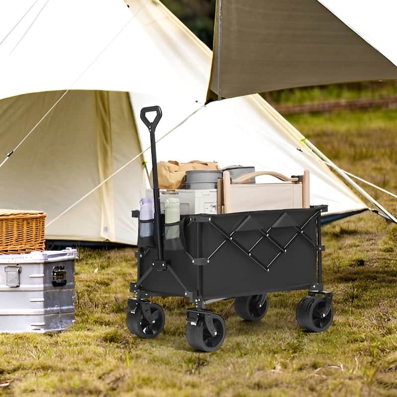 Black Oxford Iron Wagon 265lbs Foldable Cart with 150L Storage - 35.04 x 21.26 x 42.52 inch