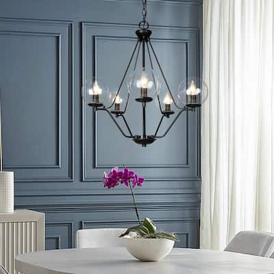 Raretta Modern Black 5-Light Globe Glass Wagon Wheel Chandelier for Dining Room - 22.4'' L x 22.4'' W x 24'' H