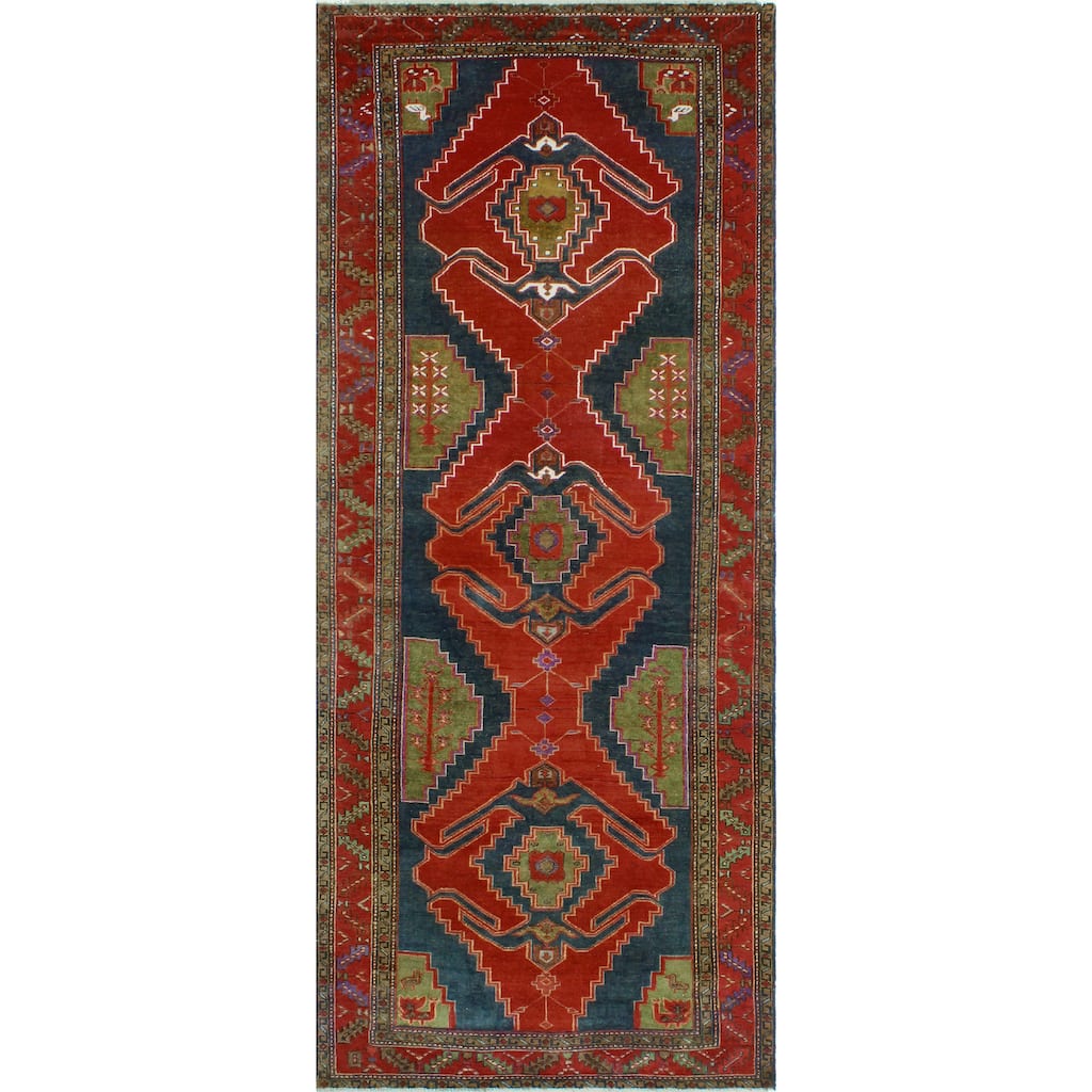 Fine Vintage Distressed Hiba Red/Navy Runner - 4'2" x 10'4"