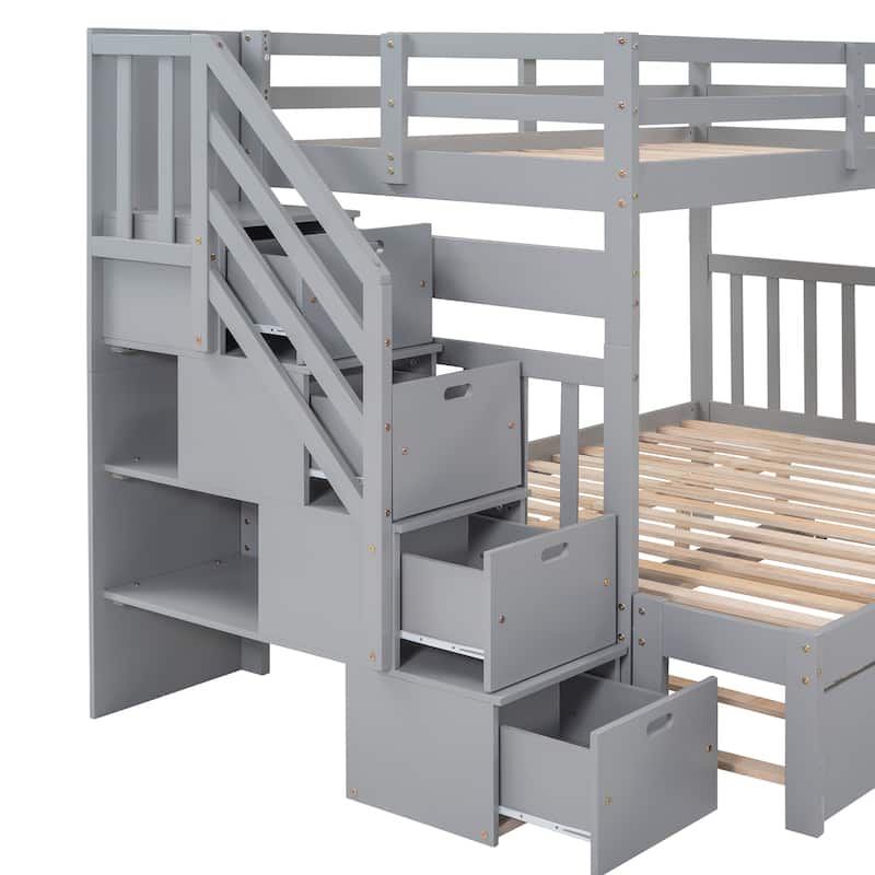 Twin Over Twin/Full Bunk Bed with Trundle and Storage Drawers, Solid Pine Wood, Staircase Access