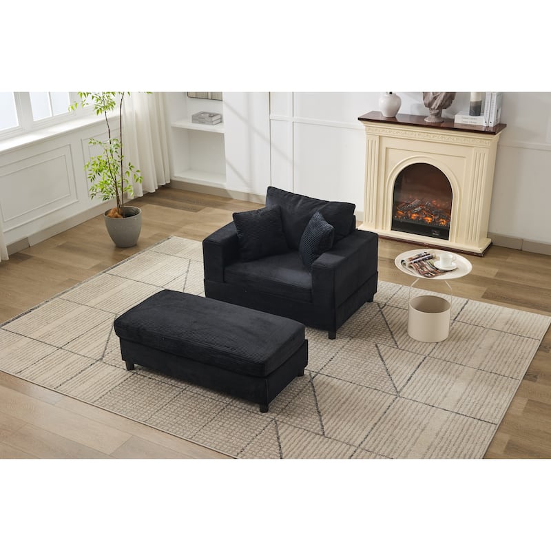 Chaise Lounge Chair with Removable Ottoman, Modern Accent Armchair Corduroy Sleeper Sofa Chair with Pillows for Living Room
